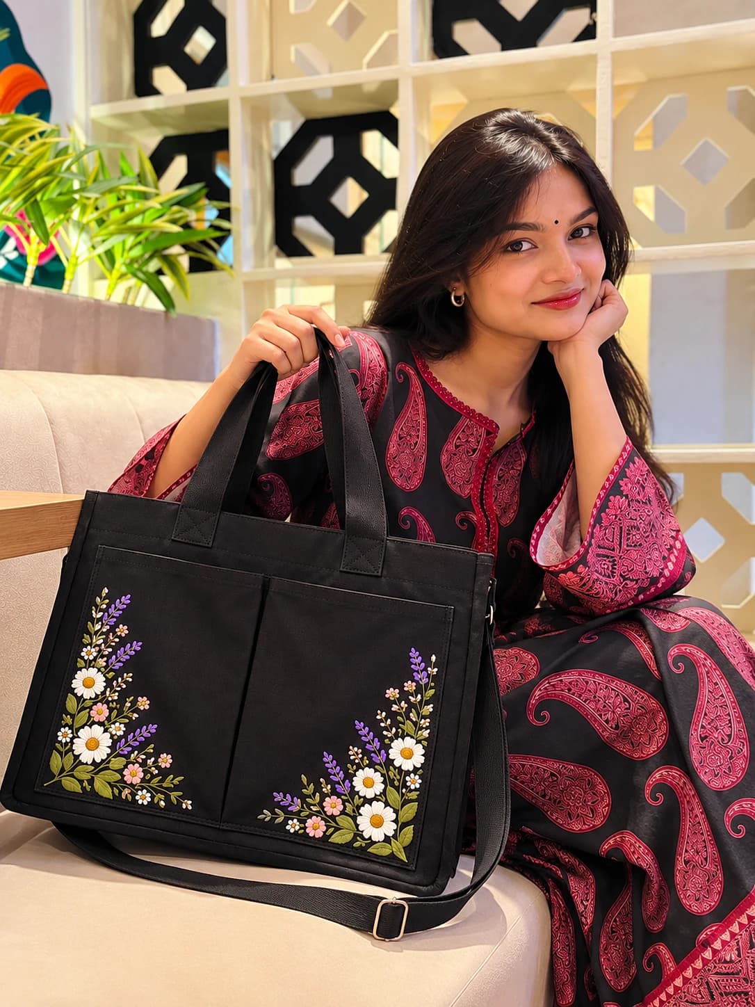 Blossom Canvas Tote Bag-Black Thumbnail 1