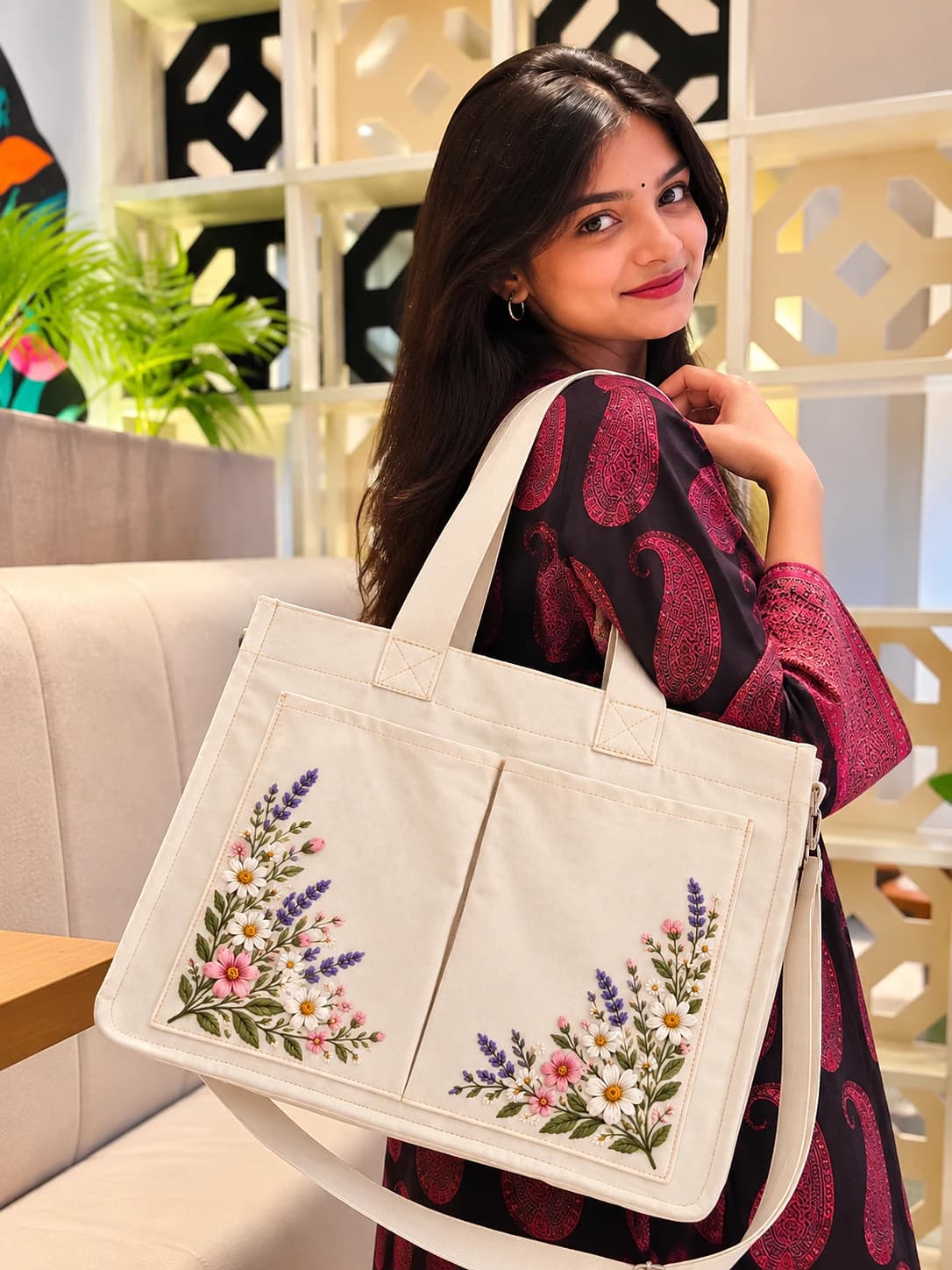 Blossom Canvas Tote Bag-White Thumbnail 1
